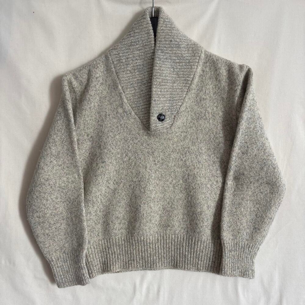VTG 80s 90s Wool Knit Shawl Collar Grandpa Sweater Oatmeal Gray - Size M